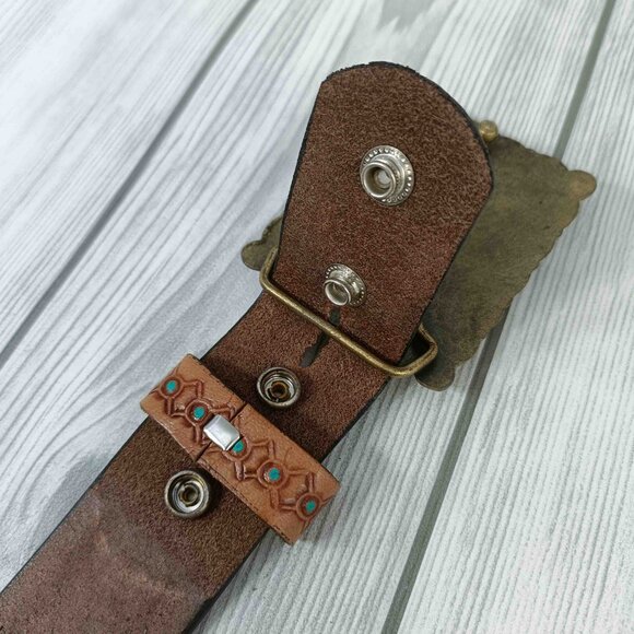 Turquoise Tooled Leather Western Belt: Floral Scrollwork, Antique Brass Buckle - Picture 8 of 12